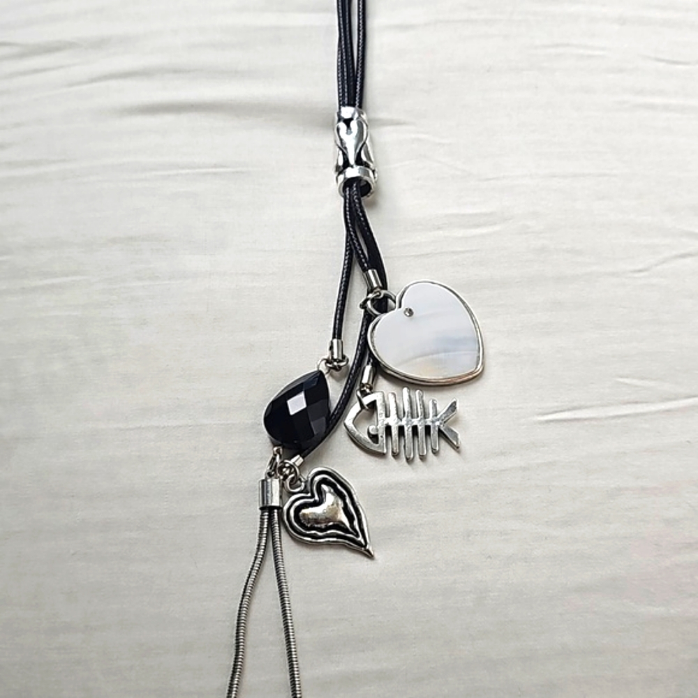 VINTAGE Leather charm necklace, mother of pearl, bolo tie